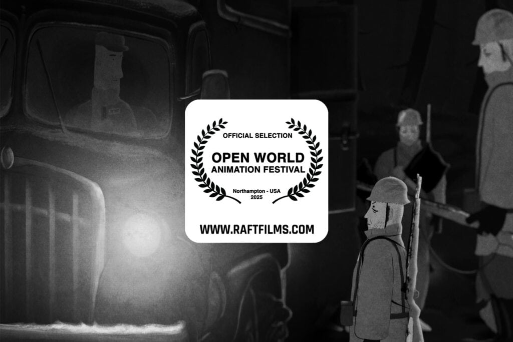 Official selection poster of “The Route” by Babak Beigi — Iranian animated short selected for the Open World Animation Festival 2025, Raft Films.